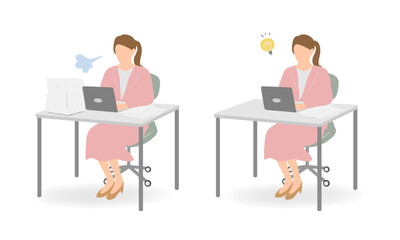 Fototapeta premium Young businesswoman in pink suit – frustrated and inspired expressions – 2 vector illustrations set