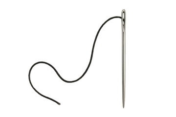 Sewing needle with black thread isolated on transparent background, essential tool for tailoring and dressmaking