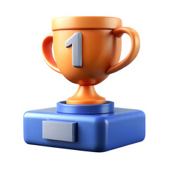 First place trophy on blue base, 3D render, award, winner, success