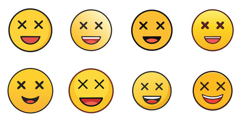Fototapeta premium Multiple vector illustrations smiling face with cross-mark eyes, Emoji