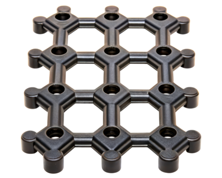 Black plastic grid structure with multiple circular holes on a transparent background