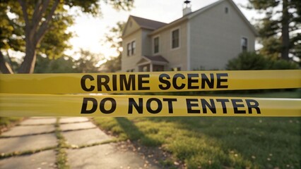 Suburban house blocked off with crime scene tape
