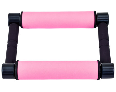 Pair of pink and black push-up bars for exercise on a transparent background