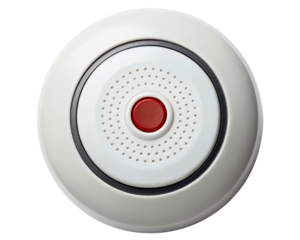 Round white emergency button with red center on a transparent background