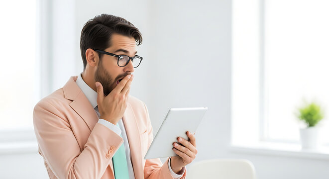 Astonished Businessman Shocked Reaction to Tablet Information - Powered by Adobe