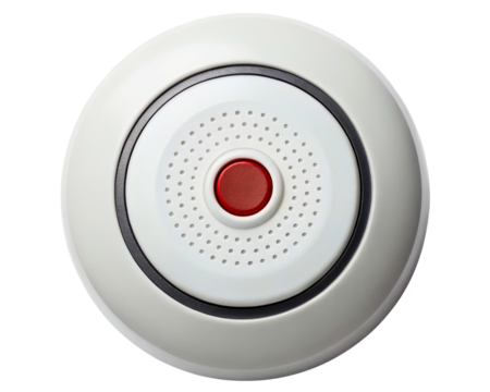 Round white emergency button with red center on a transparent background