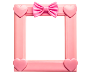 Pink picture frame decorated with hearts and a bow on a transparent background
