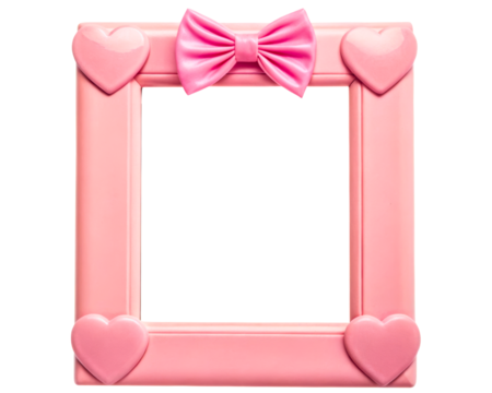 Pink picture frame decorated with hearts and a bow on a transparent background - Powered by Adobe