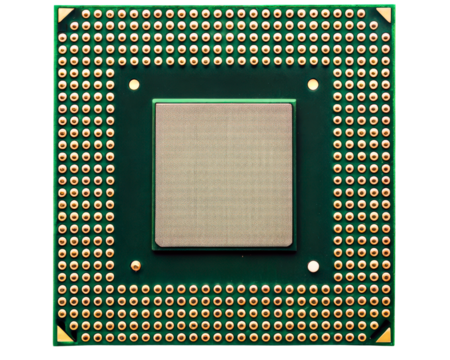 Computer processor chip with many gold pins on a transparent background