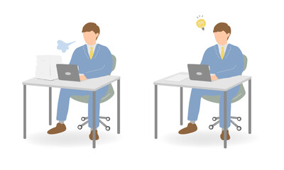 Young businessman in light blue suit – sighing and getting an idea – 2 vector illustrations set