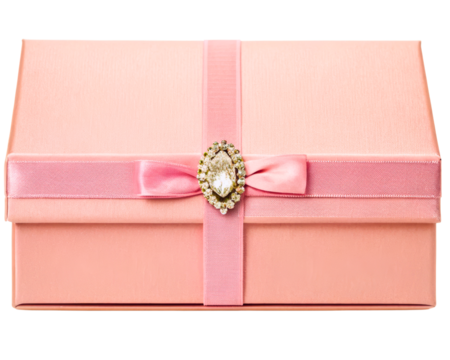 Pink gift box with a ribbon and decorative jewel on a transparent background