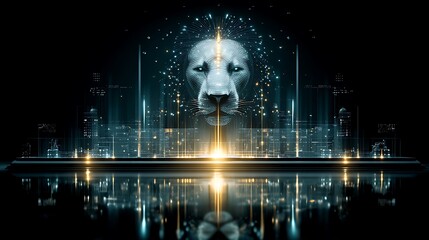 Lion head over city skyline with digital effects