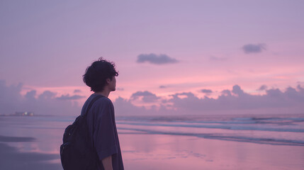 Fototapeta premium 淡いパステルカラーの夕暮れと若い男性 エモい風景