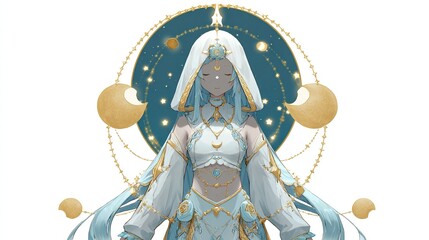 Obraz premium Celestial maiden in flowing, light-blue robes, peaceful pose, adorned with golden celestial symbols