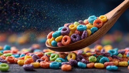 A wooden spoon overflows with colorful, ring-shaped cereal, against a dark background with sprinkles floating