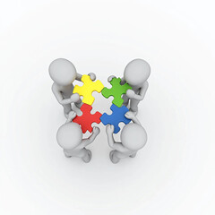 3D figures assembling colorful puzzle pieces on white background symbolizing teamwork, unity, collaboration, and problem-solving in business, education, and group strategy visuals