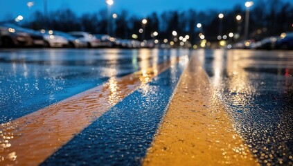 Wet asphalt parking lot at night, blurred background, focus on reflective yellow and blue lines, rain droplets visible