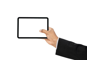 Hand holding digital tablet with mockup of blank screen on isolated white background.