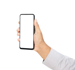 Hand holding the black smartphone with mockup of blank screen on isolated white background.