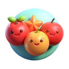 Happy cartoon apples and star fruit on teal background, 3D render