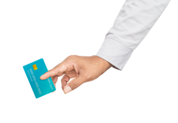 Businessman hand holding credit card on isolated white background.
