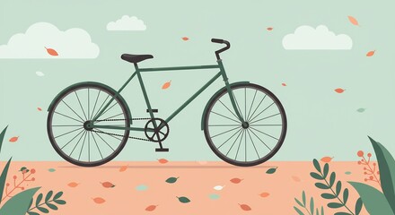 Green Bicycle Illustration with Falling Leaves and Soft Pastel Colors