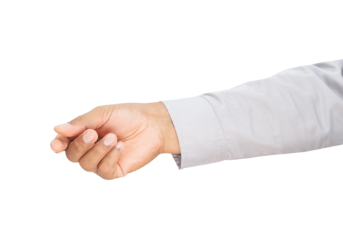 Businessman hand holding card or something on isolated white background.