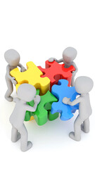 3D figures assembling colorful puzzle pieces on white background symbolizing teamwork, unity, collaboration, and problem-solving in business, education, and group strategy visuals