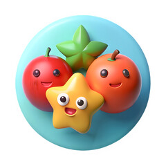 Cheerful cartoon fruit and star characters on teal background