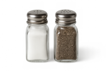 Glass salt and pepper shakers filled with white salt and black peppercorns stand on a transparent background, ready to enhance culinary creations