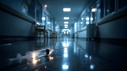 Empty hospital corridor with medical equipment in the foreground