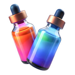 Two vibrant glass dropper bottles with pink and blue liquids, isolated
