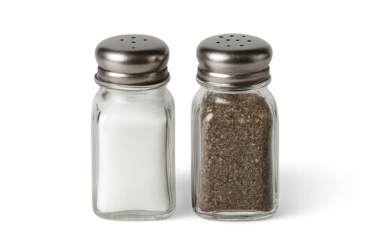 Glass salt and pepper shakers filled with white salt and black peppercorns stand on a transparent background, ready to enhance culinary creations