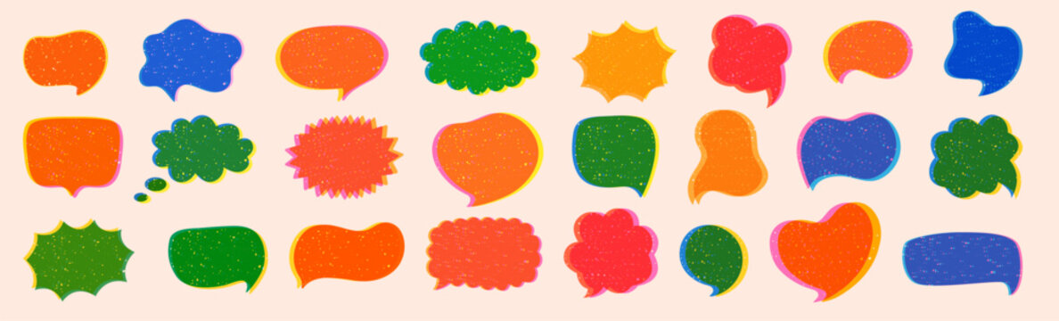 Speech bubbles with risograph printing effect. Set of speech bubble isolated on background. Colored speech elements in risograph print textured style.