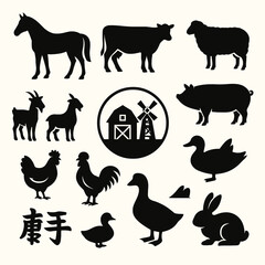 Farm Animals and Barn Silhouettes – Vector Illustration
