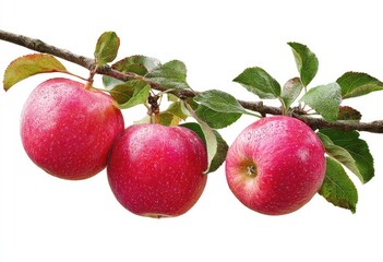 Obraz premium Three ripe, red apples hang from a branch with lush green leaves against a stark white background