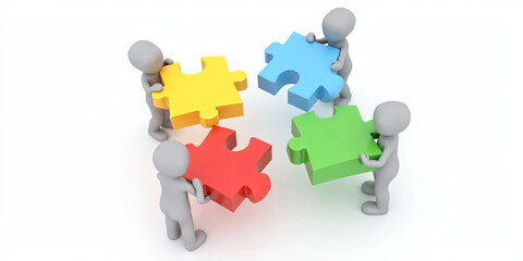 Naklejka premium 3D figures assembling colorful puzzle pieces on white background symbolizing teamwork, unity, collaboration, and problem-solving in business, education, and group strategy visuals