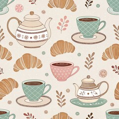 Repeating pattern of cups, teapots, and croissants &mdash; French caf&eacute; aesthetic, muted color palette
