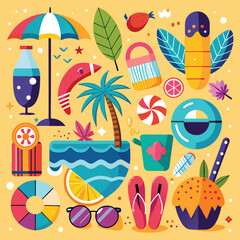 Vibrant Summer Beach Scene Illustration Colorful Objects Tropical Palm Tree Sunglasses Flip Flops Inflatable Rings