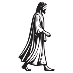 Naklejka premium Jesus Walking with a Staff vector illustration in black and white