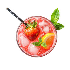 Refreshing Strawberry Lemonade with Ice, Mint, and a Polka-Dot Straw