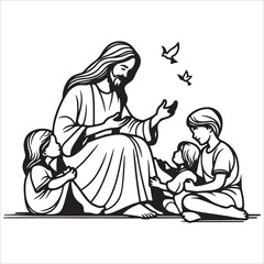 Fototapeta premium Jesus with Children vector illustration in black and white