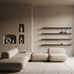 Modern minimalist living room with neutral tones, sleek sofa, and abstract ceramic decor, emphasizing calm, simplicity, and contemporary elegance