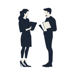 Silhouette of a businessman and businesswoman standing and talking while holding documents.