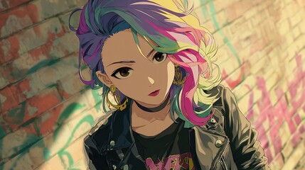 Colorful anime girl, graffiti wall, street style