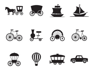 A collection of black silhouette icons depicting various vintage transportation methods, including horse-drawn carriages, ships, bicycles, steam-powered vehicles, airships, and early automobiles 