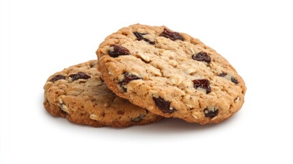 Two oatmeal raisin cookies on a white background.