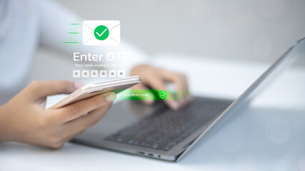 User holding a smartphone and entering OTP code with a secure confirmation UI overlay.