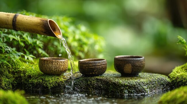 Bamboo spout pours water into three small, rustic bowls nestled on moss-covered rocks beside a tranquil stream in a lush green garden