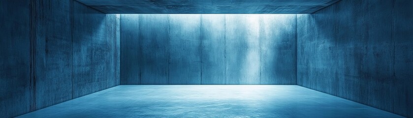 Blue Concrete Room Cubic Composition, Light Beam, Minimalist Interior Design, 3D Render, Abstract Background Keywords Concrete, 3D render